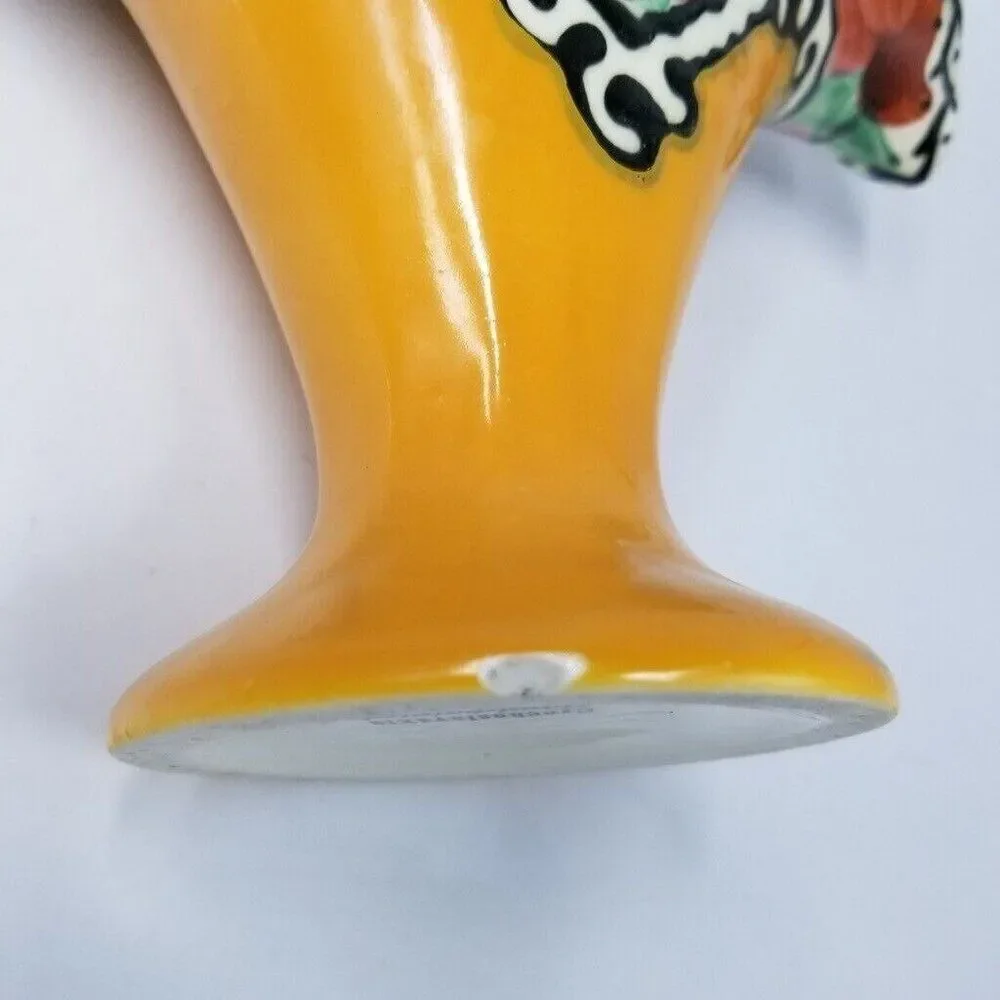 Vintage Art Deco Ceramic Fan Vase Hand Painted Yellow Blue Floral 7.5
